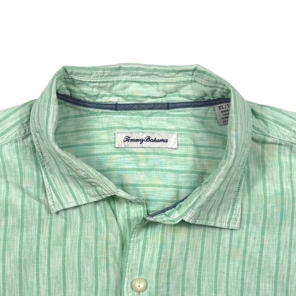 Tommy Bahama Mens XL Mint Green Striped Linen Tencel Short Sleeve Button Shirt - Picture 2 of 5